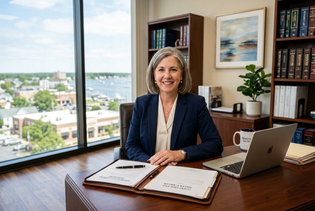 Divorce attorney sitting at a desk with legal documents and laptop in a Toms River NJ office