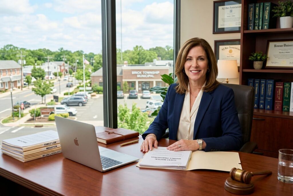 Divorce attorney reviewing legal documents at a desk with a laptop in Brick NJ