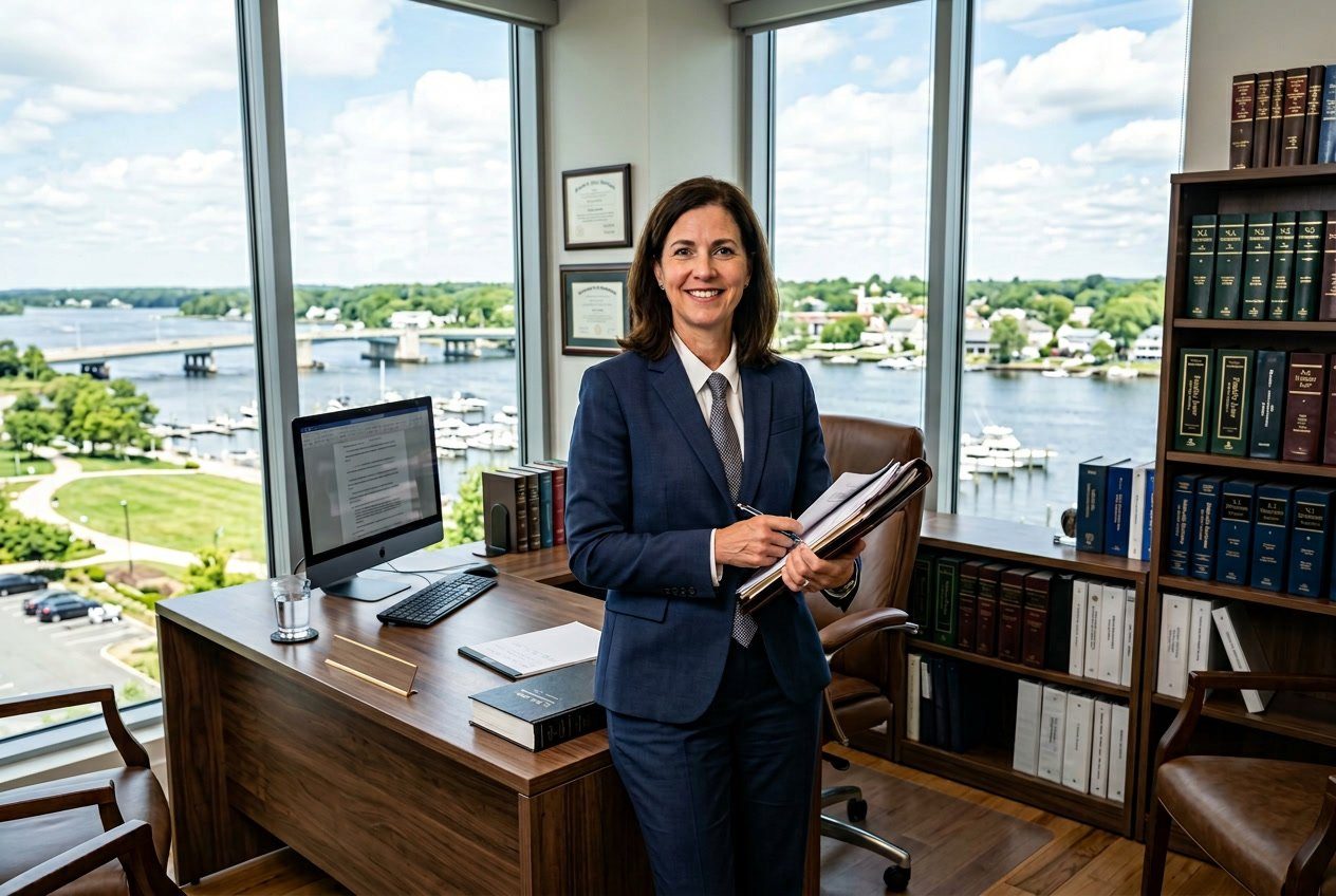 Divorce attorney standing in a modern office with a view of Toms River NJ