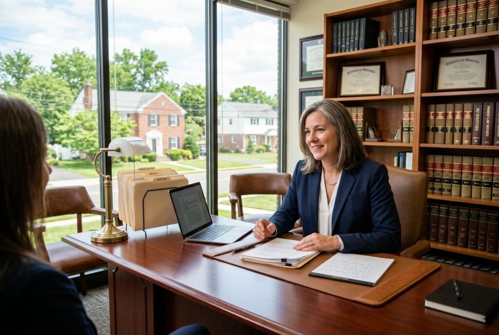 Divorce lawyer in Brick NJ sitting at a desk in a professional law office