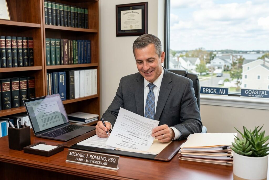 Lawyer reviewing divorce documents in an Ocean County office with a coastal town view