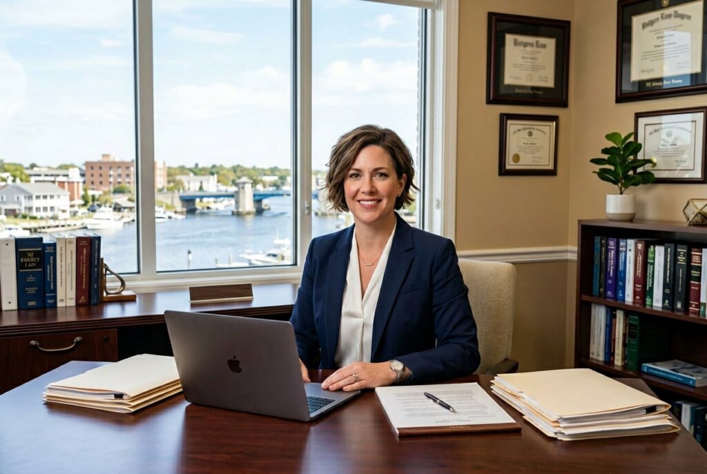 Divorce attorney reviewing legal documents in a law office with a view of Toms River NJ